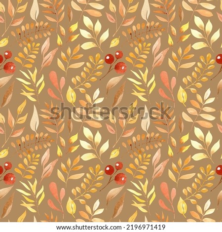 watercolor autumn leaves cute seamless pattern with yellow foliage and fall berries