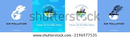 Set of International Day of Clean Air for Blue Skies artworks, minimalist concept. Clock is ticking, air pollution awareness. Editable Vector Illustration. EPS 10. 