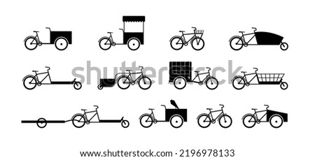 Cargo Bikes silhouette icon set. Different bicycle types. Bakfiets, cart, long john, long tail, bikes for transportation, electric cargo bike, bicycle with basket. Flat vector illustration