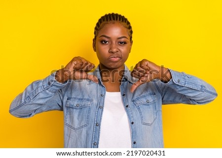 Photo of sad lady not recommend adverts shopping sale make thumb down isolated bright color background