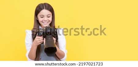 school of photography. hobby or future career. photographer beginner. Child photographer with camera, horizontal poster, banner with copy space.