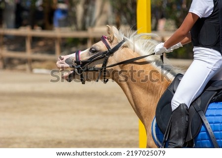 Close up on Start Signage on Blurred girl that rides a Pony during Pony Game Competition at the Equestrian School