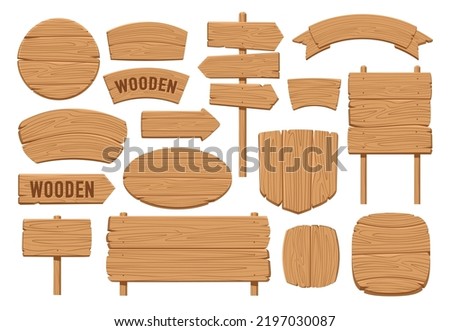 Set wooden banner, sign posts or boards design template. Signboard collection, panel plywood vector illustration