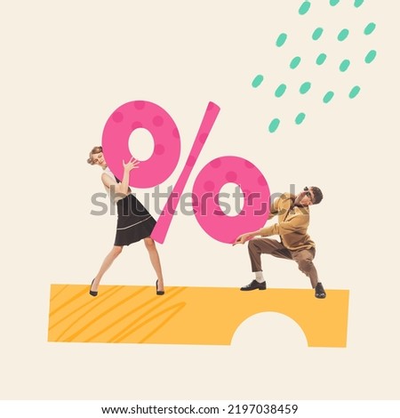 Contemporary art collage. Young people holding giant percent sign symbolizing price reduction. Concept of shopping, Black Friday, big sales, buying products. Copy space for ad, poster