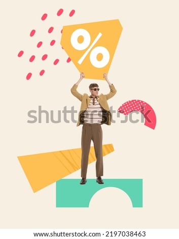 Contemporary art collage. Stylish young man standing with cardboard poster of percentage sign above head. Concept of shopping, Black Friday, big sales, buying products. Copy space for ad, poster Royalty-Free Stock Photo #2197038463