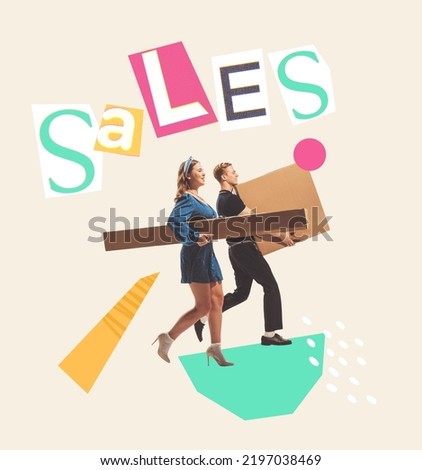 Contemporary art collage. Cheerful young people, man and woman, carrying cardboard boxes bought on low price. Concept of shopping, Black Friday, big sales, buying products. Copy space for ad, poster Royalty-Free Stock Photo #2197038469