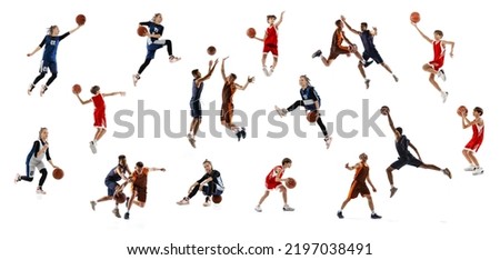 Collage. Dynamic portrait of adults and children, basketball players in motion, training isolated over white studio background. Concept of sport, team game, action, active lifestyle, ad
