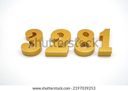   Number 3281 is made of gold-painted teak, 1 centimeter thick, placed on a white background to visualize it in 3D.                                        