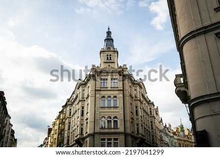 Prague city architecture view from below on the clouds