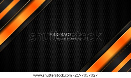 Abstract black and orange polygon with golden lines on dark steel mesh background with free space for design. modern technology innovation concept background
