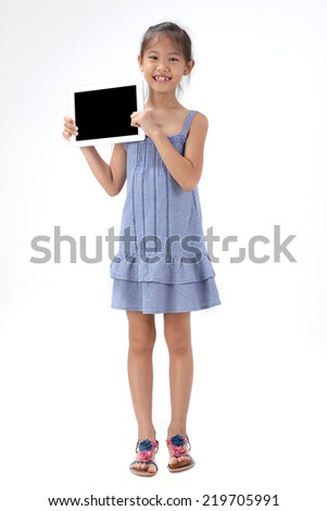 Closeup Asian Girl portrait with tablet isolated on with background