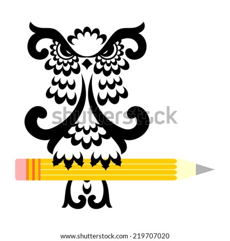 Black owl and yellow pencil. Vector illustration. 