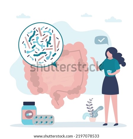 Beneficial properties of probiotics. Healthy woman recommends eat food containing microorganisms. Probiotic supplements normalizes intestinal microflora. Healthy lifestyle. Flat vector illustration Royalty-Free Stock Photo #2197078533