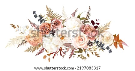 Trendy dried leaves, blush pink rose, white peony and dahlia,  hydrangea, astilbe, pampas grass vector wedding bouquet. Trendy flowers. Beige, gold, brown, rust.Elements are isolated and editable Royalty-Free Stock Photo #2197083317
