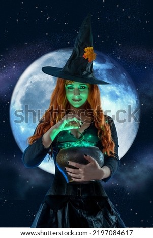 Halloween Witch making witchcraft, preparing a magic potion in pot, spells. Female wizard fairy character for All Saints' Day. Fantasy gothic red-haired girl in carnival black dress. Woman enchantress Royalty-Free Stock Photo #2197084617