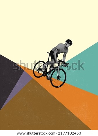 Composition with male cyclist and colored geometric shapes on pastel color background. Modern design, contemporary art collage. Inspiration, idea, minimalism