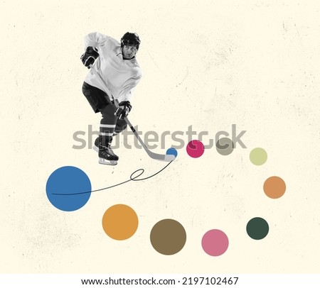 Retro style design. Contemporary art collage of hockey player in motion isolated over pastel color abstract background. Concept of sport, health, concentration, artwork and ad