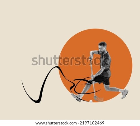 Male floorball player in motion on light background. Modern design, contemporary art collage. Inspiration, idea, trendy urban magazine style. Copy space to insert your text or ad. Surrealism.