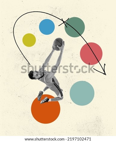 Professional basketball player with ball over abstract colorful background. Contemporary art collage. Sport, competition, motion concept. Minimalism. Trendy colors