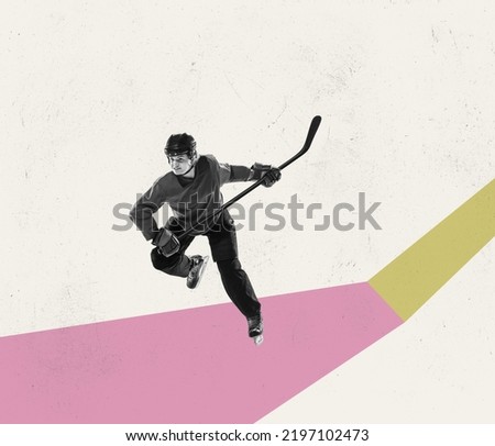 Retro style design. Contemporary art collage of hockey player in motion isolated over pastel color abstract background. Concept of sport, health, concentration, artwork and ad