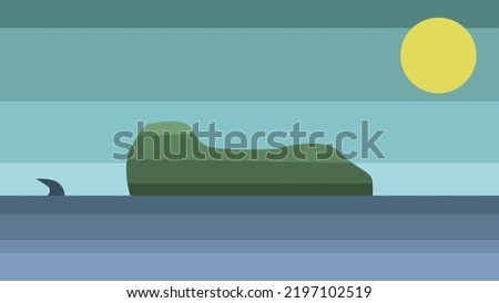 Landscape of the island in the sea. Shark. Vector