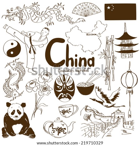 Fun sketch collection of Chinese icons, countries alphabet