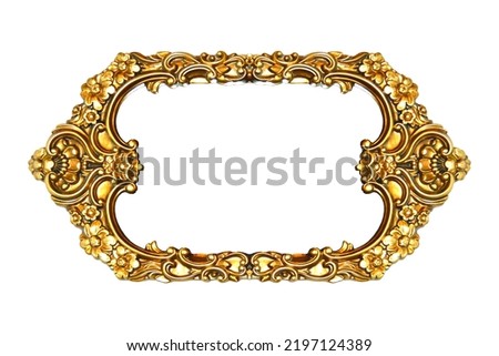 Rectangular empty wooden and gold gilded ornamental frame isolated on white background