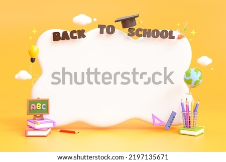 Back to school stationery education element empty banner cartoon on yellow background 3d illustration