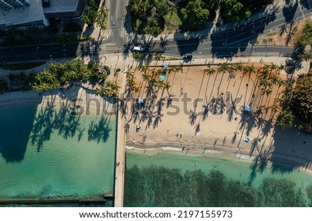 Drone, aerial shot of Waikiki beach with palm trees shadows in the morning sun