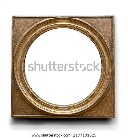 Round in square antique picture frame. Golden isolated frame wooden material