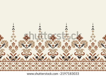 Floral cross stitch embroidery on white background.geometric ethnic oriental pattern traditional.Aztec style,abstract,vector,illustration.design for texture,fabric,clothing,wrapping,decoration,carpet.
