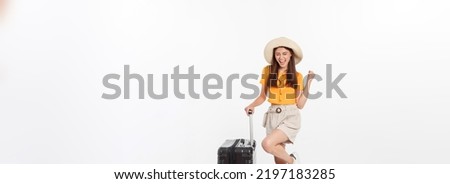Woman tourist. Full length happy young woman standing with suitcase with exciting gesturing, isolated on white background. Royalty-Free Stock Photo #2197183285
