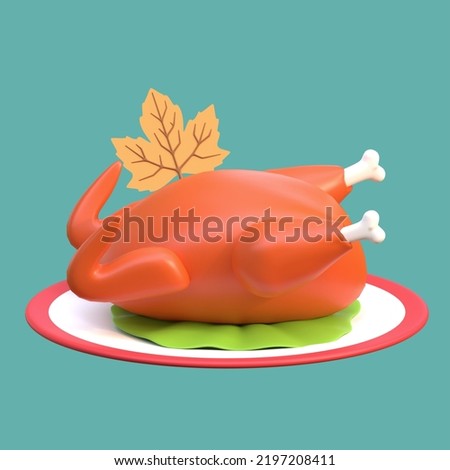 roasted chicken meat in plate thanksgiving day 3d icon illustration