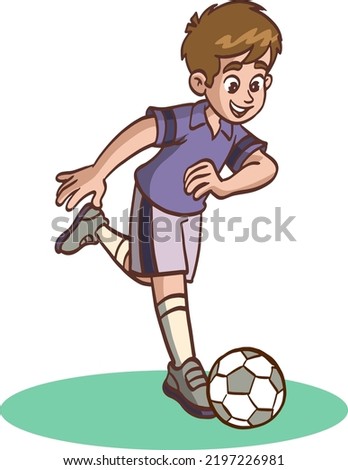 young boy playing football  vector illustration.cute little boy playing soccer kicking the football.