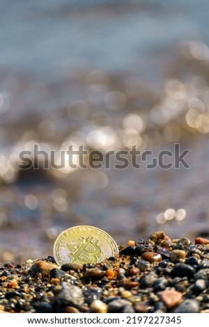 Golden coin bitcoin in the coastal sand. New financial system.
