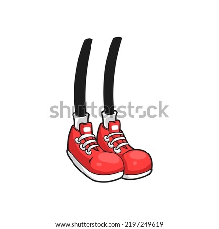 Human legs in red sportive skaters isolated comic flat cartoon foots. Vector urban teenager style footwear, running jogging shoes of kid character. Rubber boots with laces and white rubber toe
