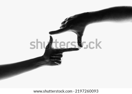 Fingers frame. Monochrome image of beautiful hands in different motion isolated on white background. Concept of emotions, creativity, symbolism, art. Copy space for ad
