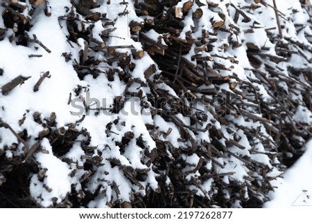Pile of firewood in the village under a layer of snow.