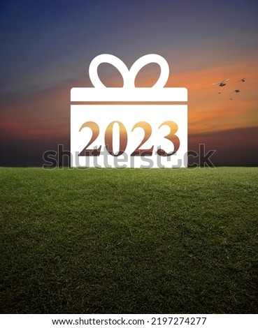Gift box happy new year 2023 flat icon on green grass field over sunset sky, Business happy new year 2023 shopping concept