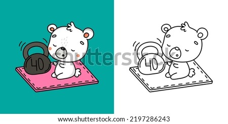 Set Clipart Polar Bear Athlete Coloring Page and Colored Illustration. Kawaii Bear Sportsman. Vector Illustration of a Kawaii Animal for Coloring Pages, Prints for Clothes, Stickers, Baby Shower.
