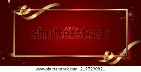 Abstract 3d gold curved ribbon on red background with lighting effect and sparkle with copy space for text. Luxury frame design style. Vector illustration