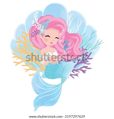 Cute mermaid with little seahorse, vector illustration. Illustration for kids fashion artworks, children books, greeting cards, t-shirt prints, wallpapers. Royalty-Free Stock Photo #2197297629