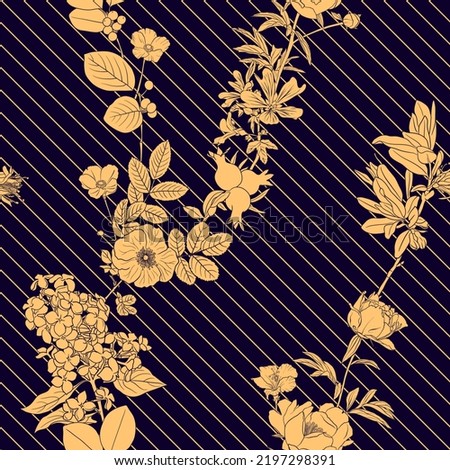 vector seamless pattern with flowers at dark violet background with yellow stripes , hand drawn botanical illustration