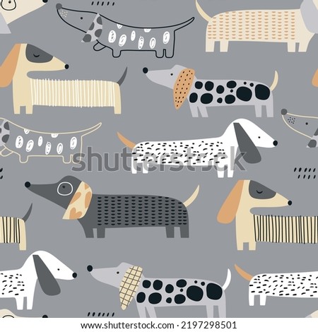 Cute dachshund pattern. Hand drawn seamless texture with dogs. Vector illustration