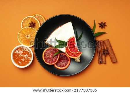Concept of tasty dessert with meringue pie with citrus, top view