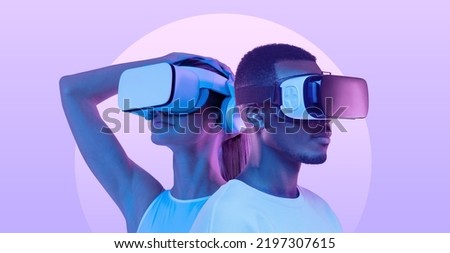 Metaverse people, banner of couple, man and woman wearing virtual reality headsets, exploring immersive VR world, playing ar online game together  Royalty-Free Stock Photo #2197307615