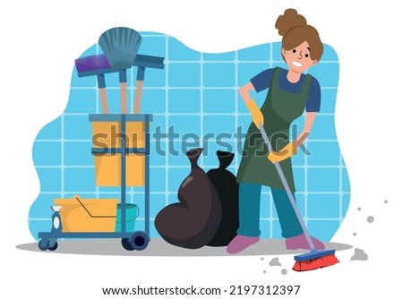 Room maid, janitor woman in cleaning office service uniform. Maid woman standing by cart, cleaning equipment, tool. Housekeeping staff. Flat vector cartoon illustration isolated on white background. Royalty-Free Stock Photo #2197312397