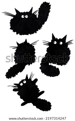 watercolor set with black cartoon cats. clip art. pattern elements. decor elements