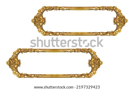 Rectangular empty wooden and gold gilded ornamental two frame isolated on white background