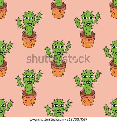 Cartoon doodle happy cactus seamless pattern. Floral background. Cute cartoon potted flower, home plant.